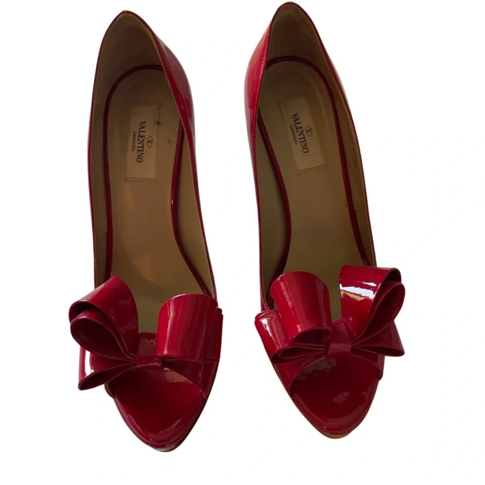 Valentino Garavani Red Patent Leather Bow Peep-Toe Stiletto Pumps